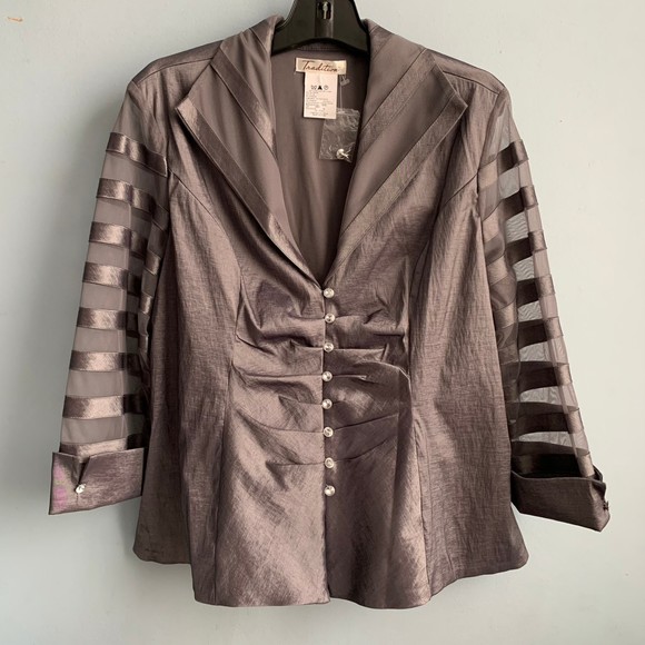 Vintage Tradition Sears Silver Gray Mesh Blouse Rhinestone Button Up Size 18 - Picture 2 of 13